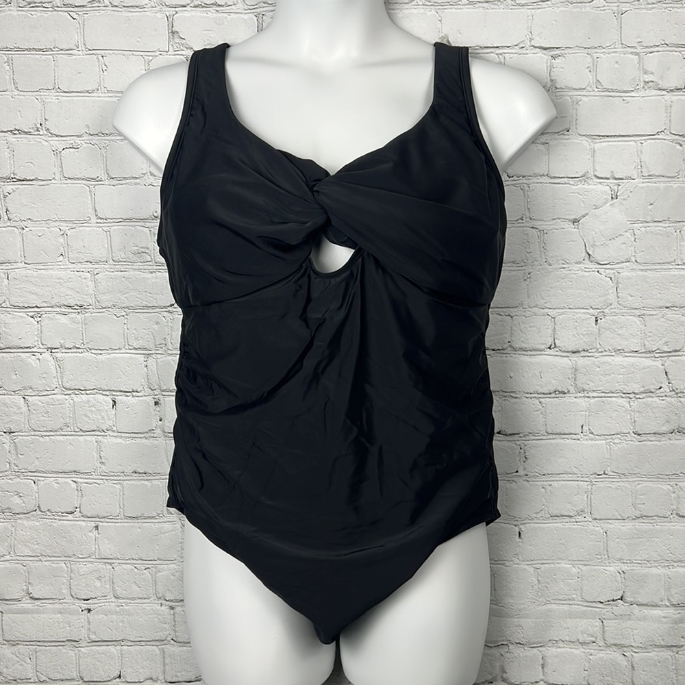 Kona Sol Black Twist Front One Piece Swimsuit Plus Size 14W 18W 22W - Picture 2 of 3